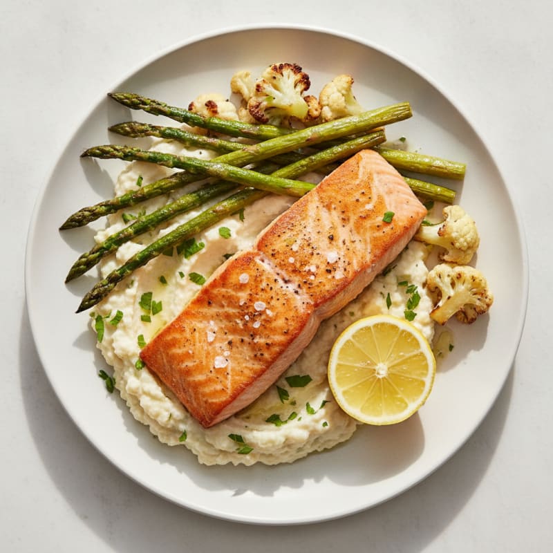 Seared Salmon with Roasted Asparagus and Cauliflower Mash