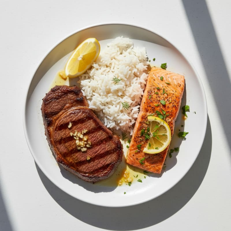 Grilled Steak with Herb-Roasted Salmon and Steamed White Rice
