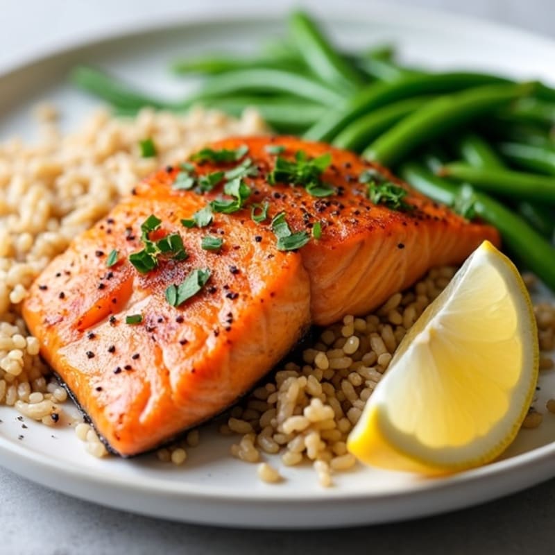 Seared Salmon Fillet with Steamed Green Beans and Brown Rice