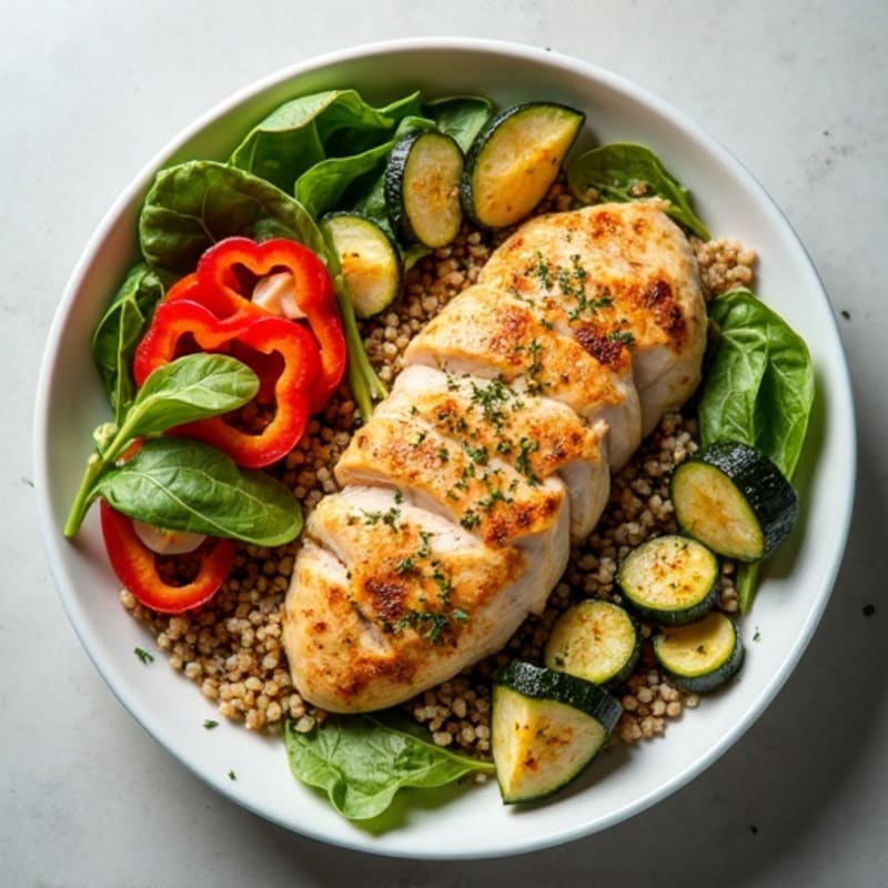 Lemon-Herb Roasted Chicken Quinoa Bowl with Fresh Greens and Crispy Vegetables
