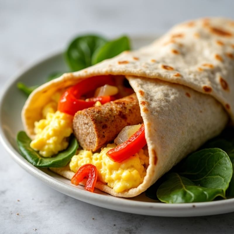 Lean Turkey Sausage and Fluffy Egg Whole Wheat Burrito with Sautéed Veggies