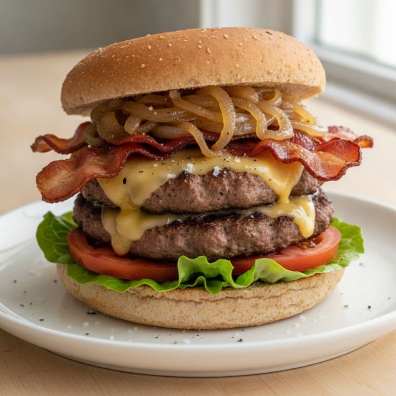Double Bacon Cheeseburger with Caramelized Onions