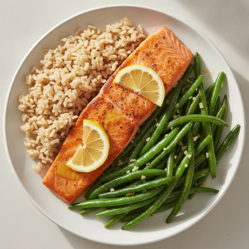 Seared Salmon with Garlic Green Beans and Brown Rice