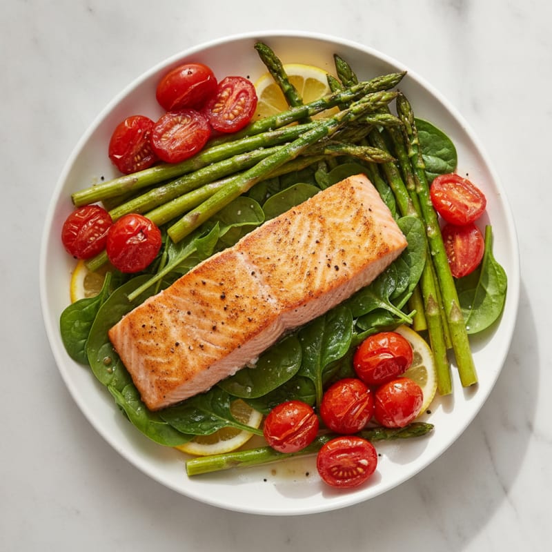 Pan-Seared Salmon with Roasted Asparagus and Blistered Tomatoes
