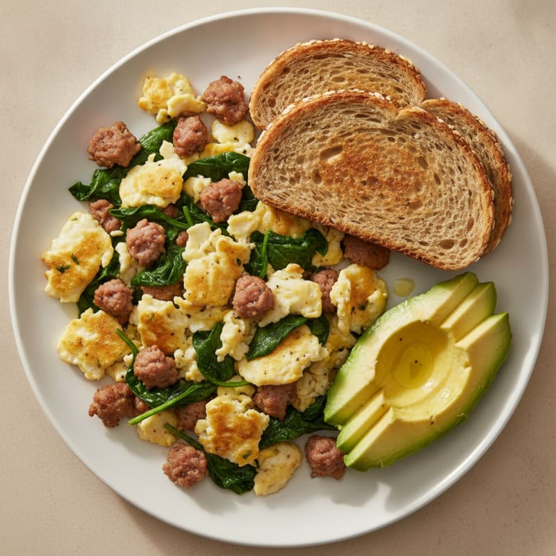Egg White and Spinach Scramble with Turkey Sausage