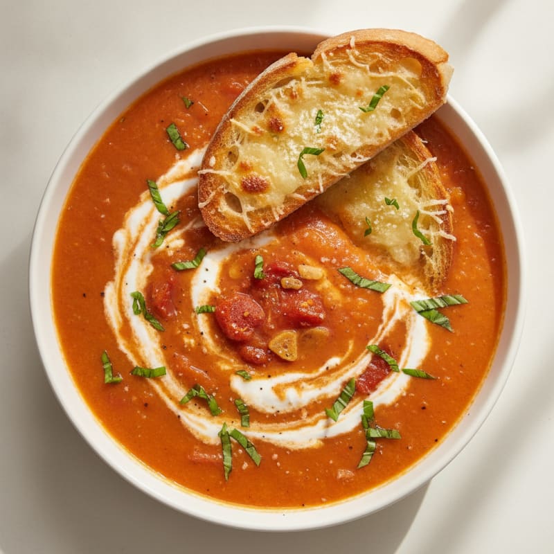 Roasted Tomato Basil Soup with Parmesan Crostini
