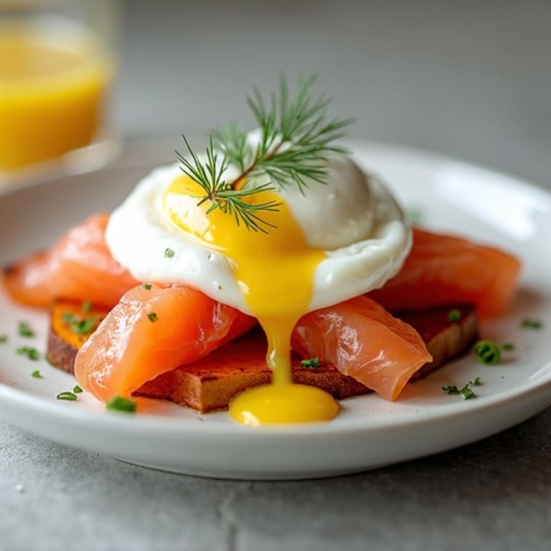 Smoked Salmon Poached Eggs with Roasted Sweet Potato and Creamy Lemon-Dill Sauce