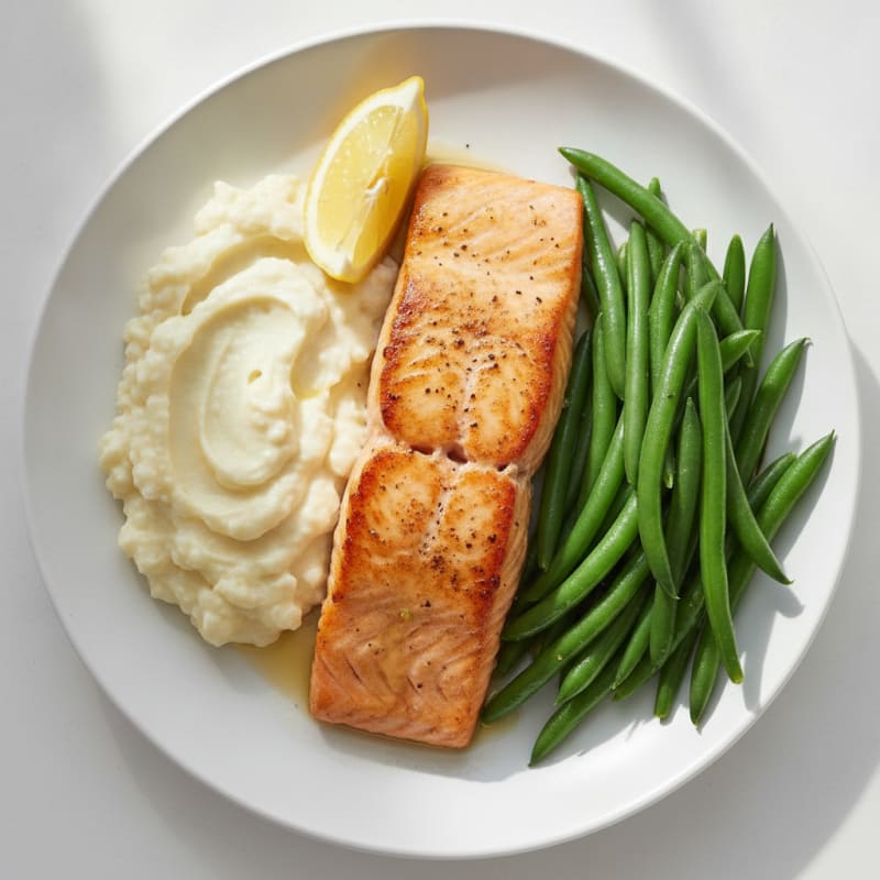 Seared Salmon with Steamed Green Beans and Garlic Mashed Cauliflower
