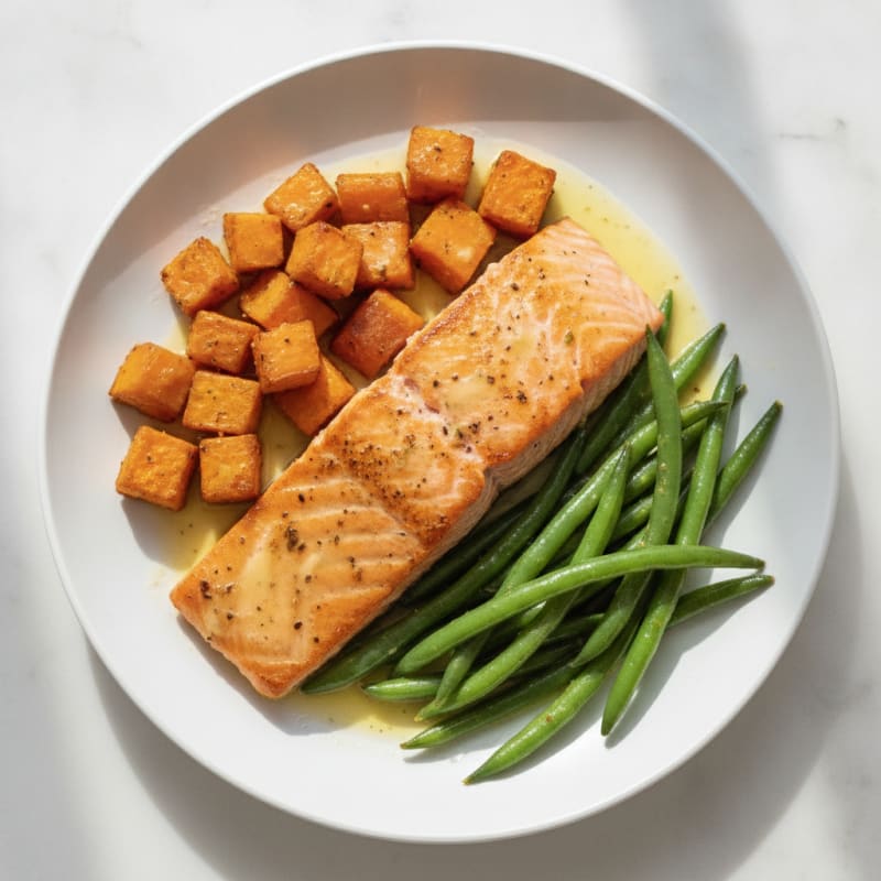 Seared Salmon with Roasted Sweet Potato and Green Beans