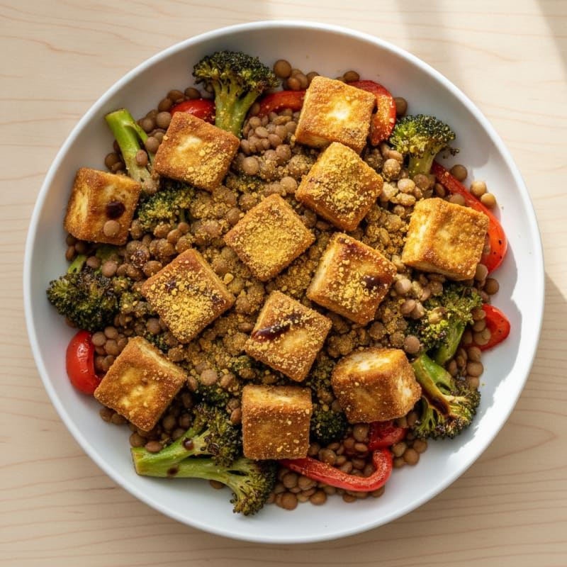 Crispy Tofu and Lentil Power Bowl with Roasted Vegetables