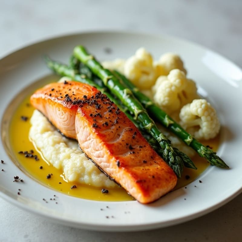 Seared Salmon with Steamed Asparagus and Cauliflower Mash