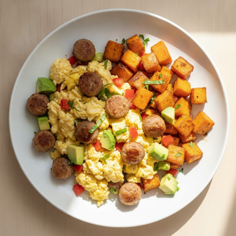 Crispy Turkey Sausage Egg Scramble with Roasted Sweet Potatoes