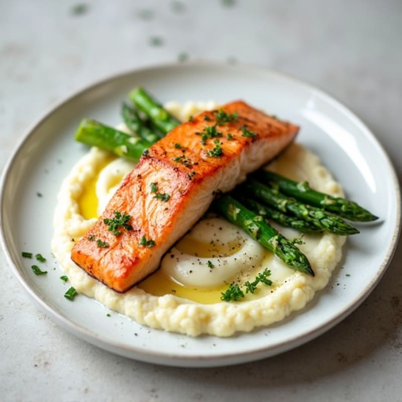 Seared Salmon with Steamed Asparagus and Cauliflower Mash