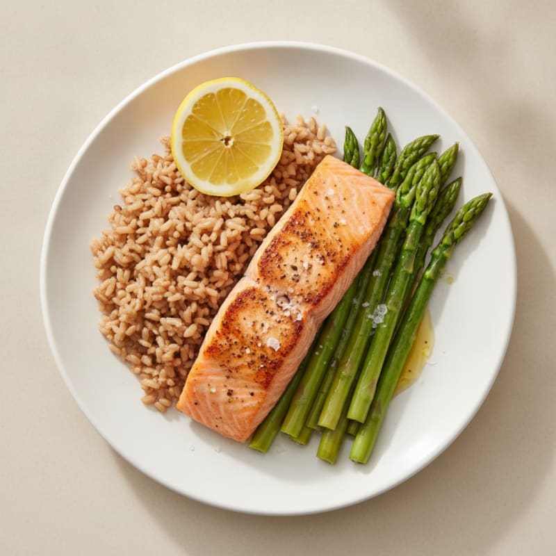 Seared Salmon with Steamed Asparagus and Brown Rice