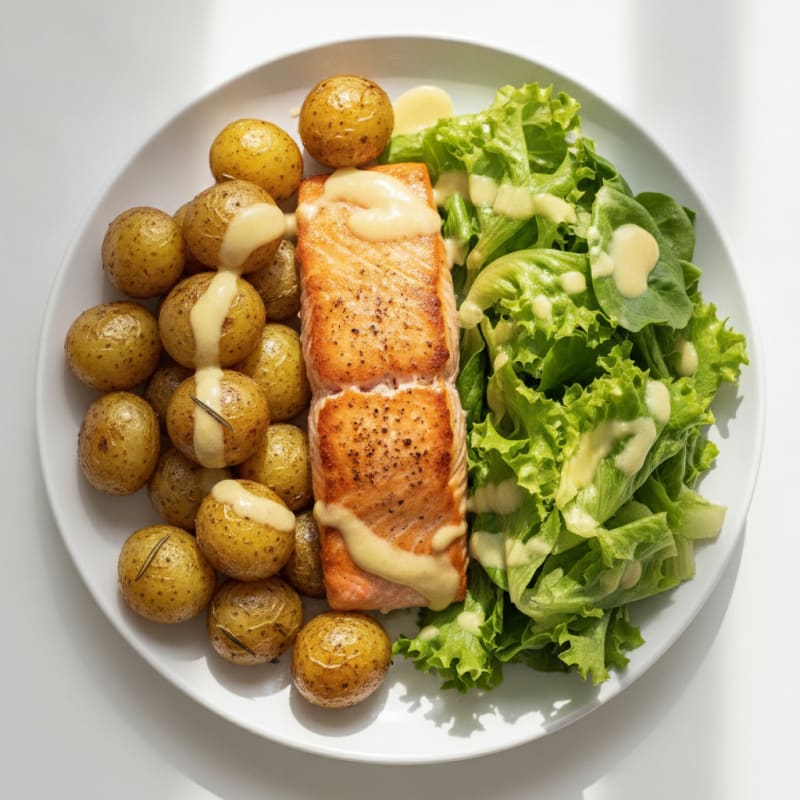 Seared Salmon with Garlic Roasted Potatoes and Butter Lettuce Salad