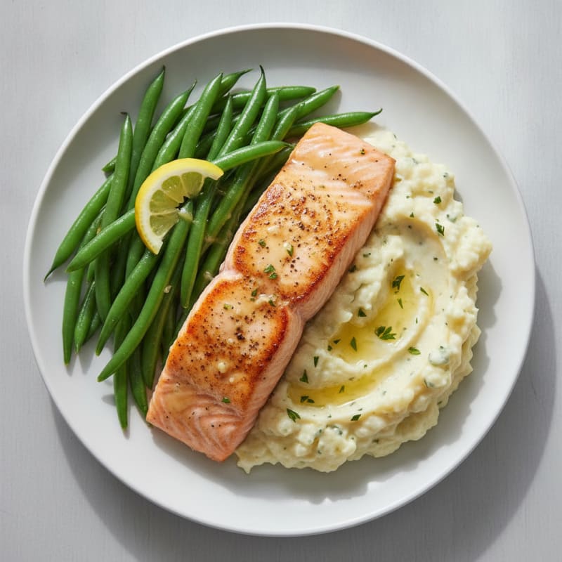 Seared Salmon with Steamed Green Beans and Garlic Mashed Cauliflower
