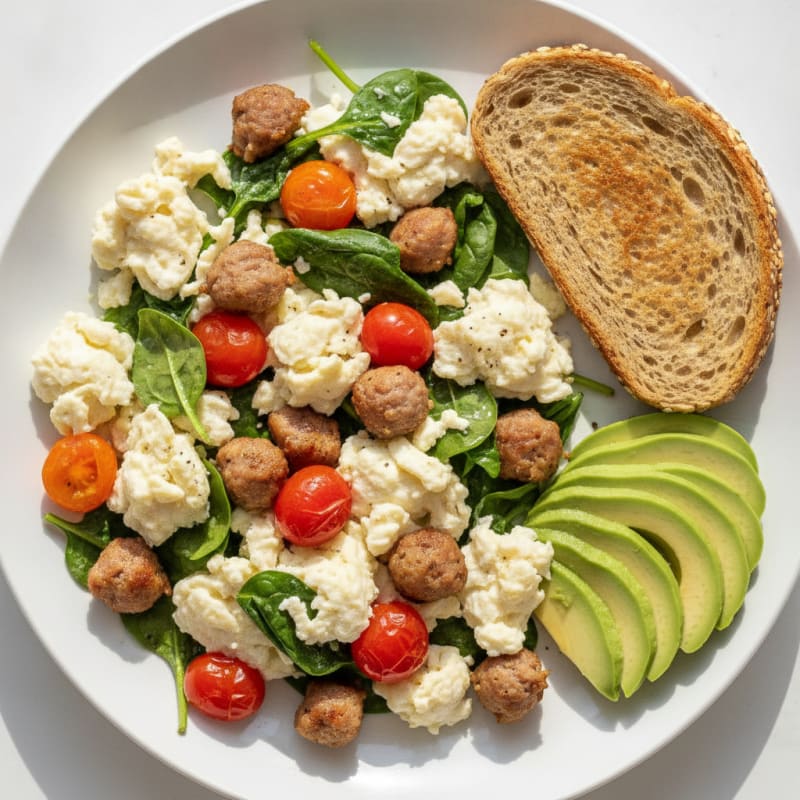 Egg White and Turkey Sausage Scramble with Spinach and Tomatoes