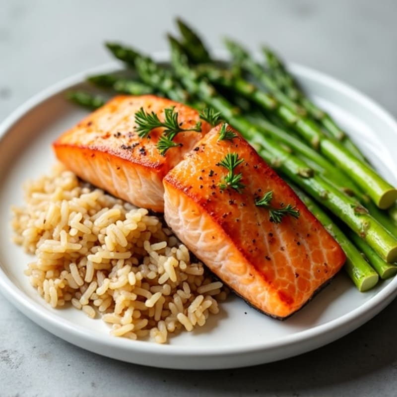 Seared Salmon with Steamed Asparagus and Brown Rice