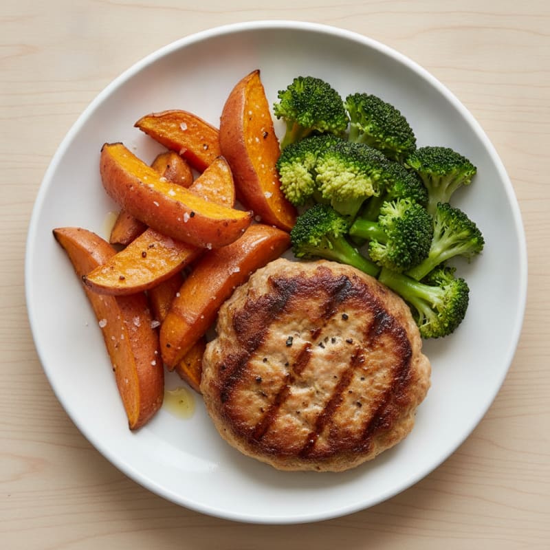 Seared Turkey Burger with Roasted Sweet Potato and Steamed Broccoli