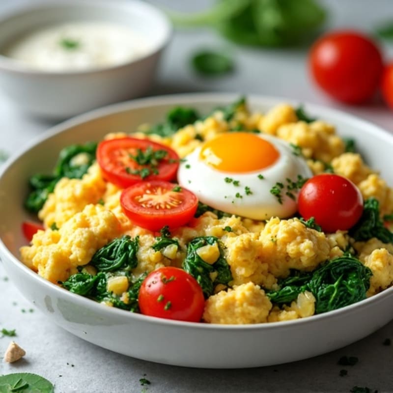 Fluffy Egg Scramble with Fresh Spinach and Cherry Tomatoes