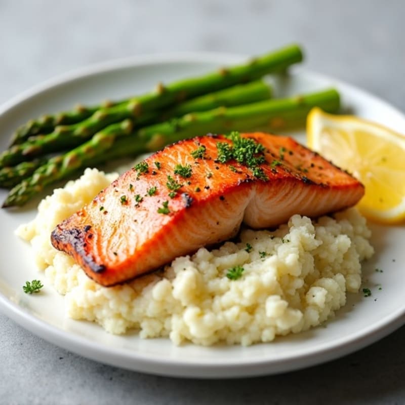 Seared Salmon Fillet with Steamed Asparagus and Garlic Mashed Cauliflower