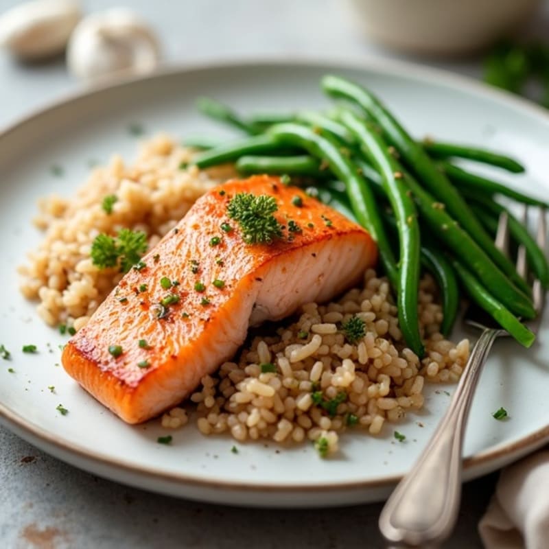 Seared Salmon with Garlic Green Beans and Brown Rice