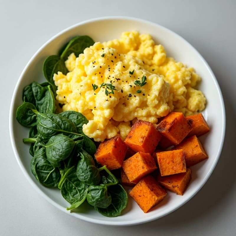 Fluffy Scrambled Eggs with Roasted Sweet Potatoes and Spinach