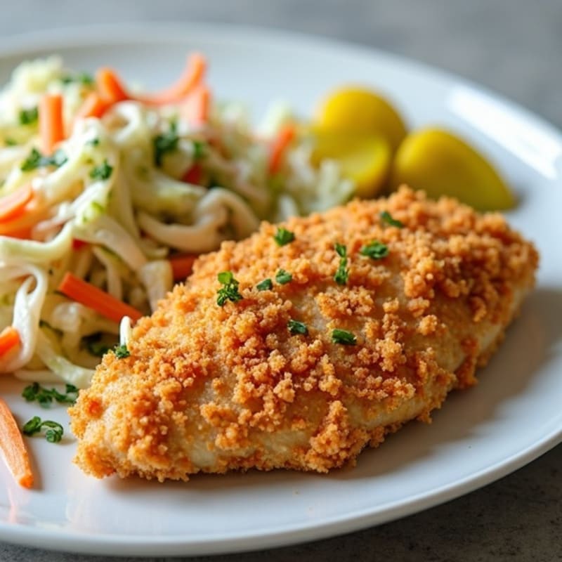 Crispy Baked Chicken with Creamy Slaw and Dill Pickles