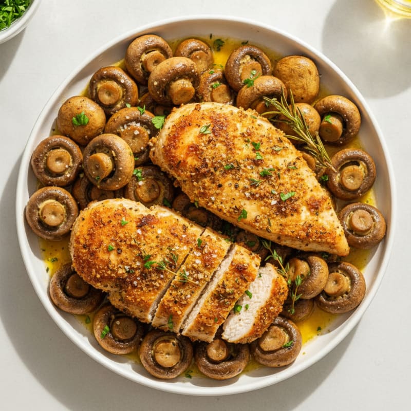 Garlic Butter Roasted Mushrooms with Herb-Crusted Chicken