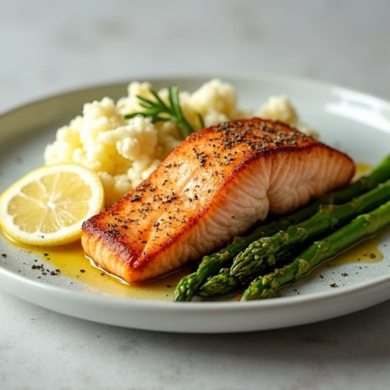 Seared Salmon with Steamed Asparagus and Cauliflower Mash