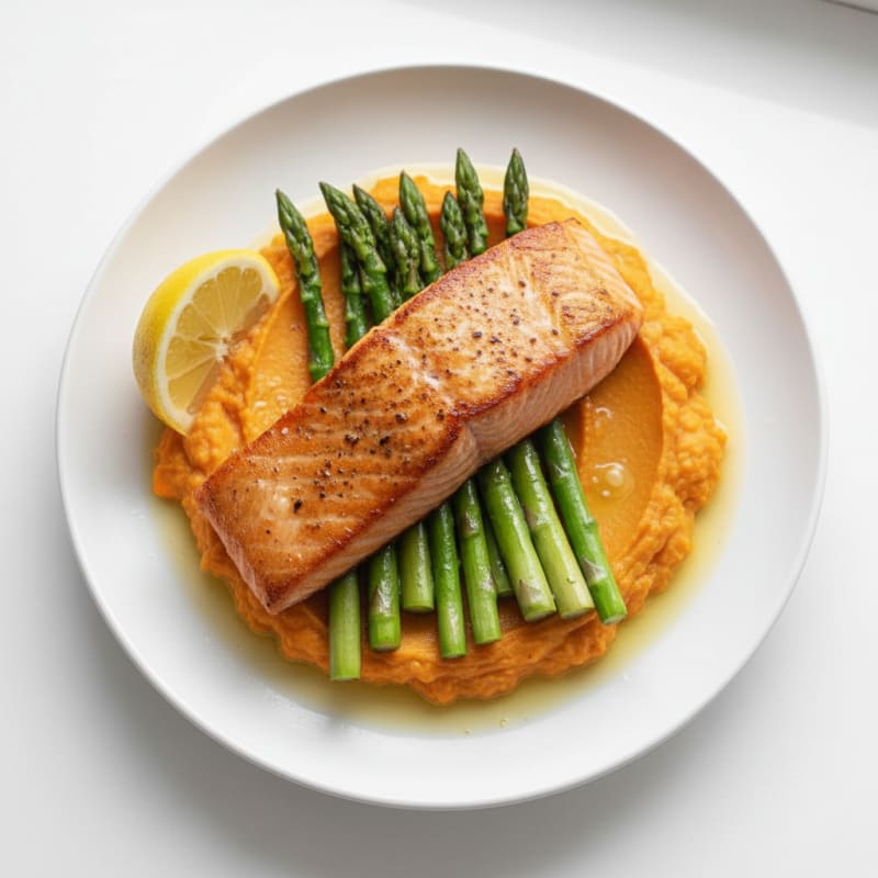 Seared Salmon Fillet with Steamed Asparagus and Sweet Potato Mash
