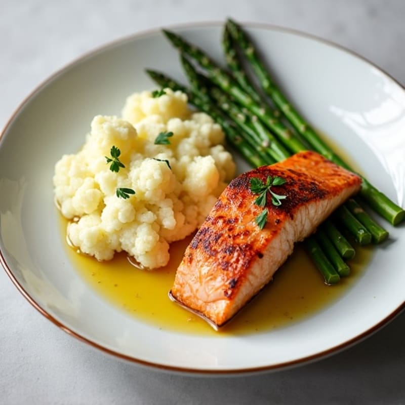 Seared Salmon with Steamed Asparagus and Garlic Mashed Cauliflower