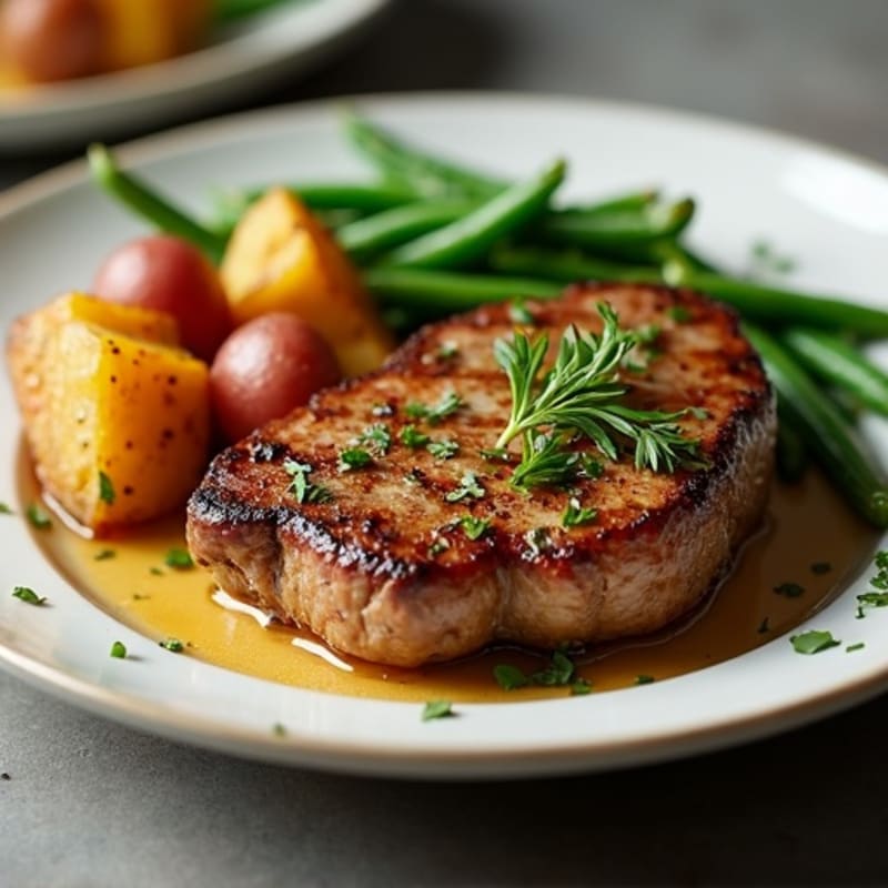 Pan-Seared Garlic Butter Steak with Roasted Potatoes and Green Beans