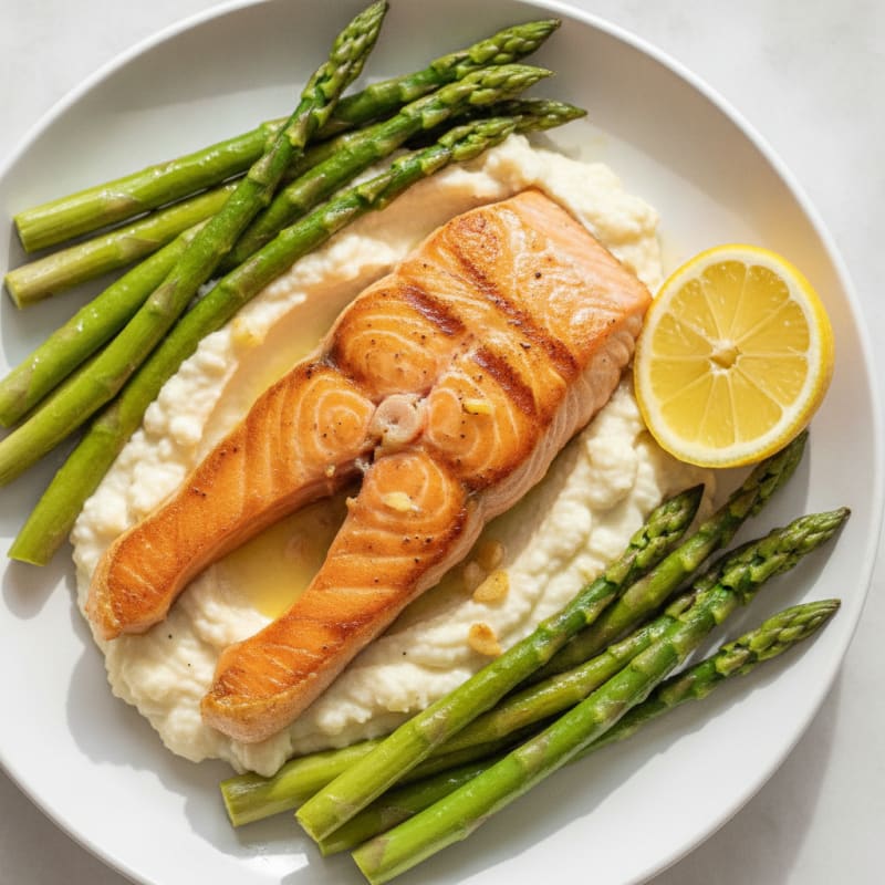 Seared Salmon Fillet with Steamed Asparagus and Cauliflower Mash