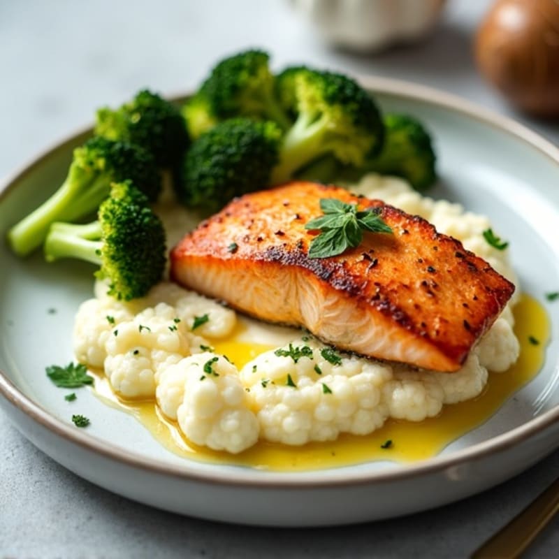 Seared Salmon Fillet with Roasted Broccoli and Garlic Mashed Cauliflower