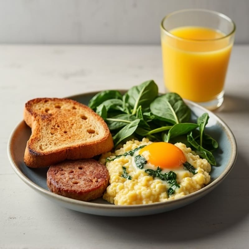 Egg White and Spinach Scramble with Turkey Sausage and Oatmeal Toast Combo