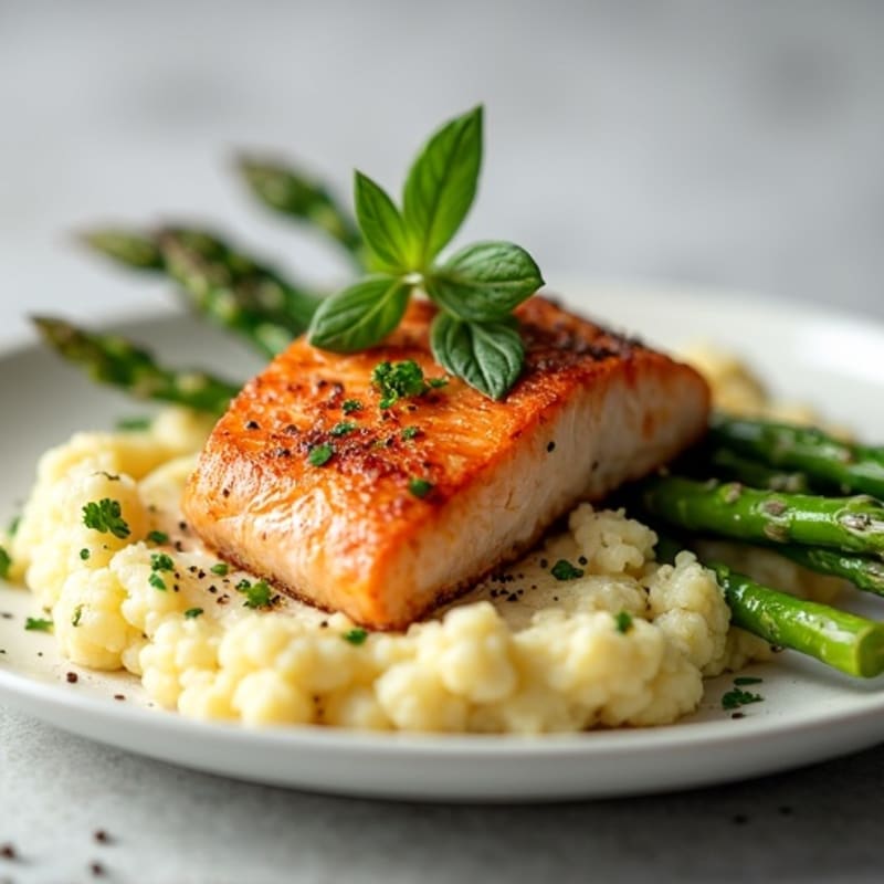 Seared Salmon with Steamed Asparagus and Garlic Cauliflower Mash