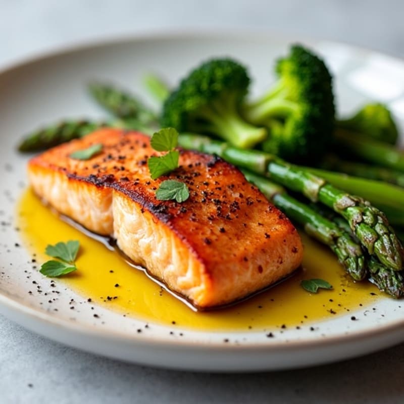 Seared Salmon with Roasted Sweet Potato, Asparagus, and Broccoli