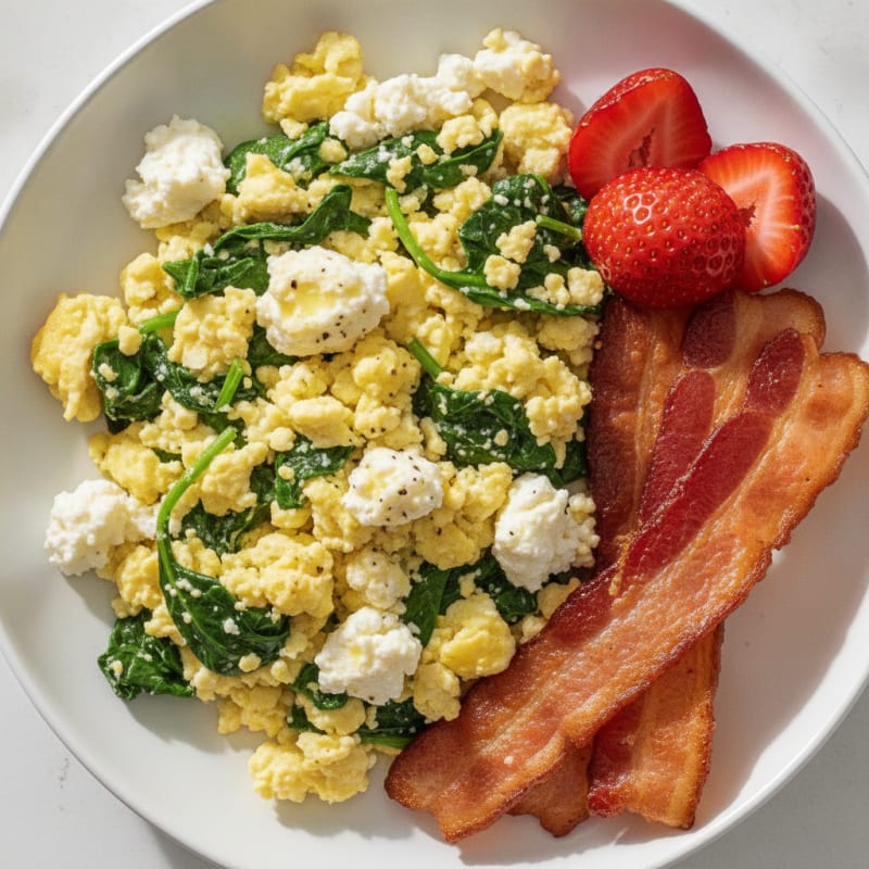 Cottage Cheese Scramble with Spinach and Turkey Bacon