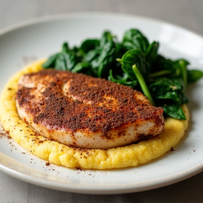 Coffee-Cocoa Rubbed Chicken with Creamy Polenta and Sautéed Greens