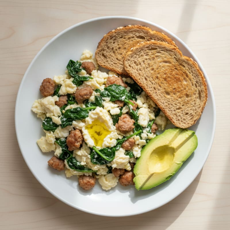 Egg White and Spinach Scramble with Turkey Sausage