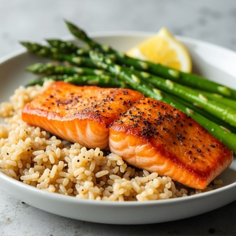 Seared Salmon Fillet with Steamed Asparagus and Brown Rice
