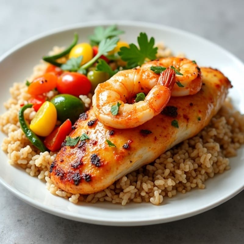 Spicy Chicken and Shrimp with Wholesome Brown Rice and Fresh Vegetables