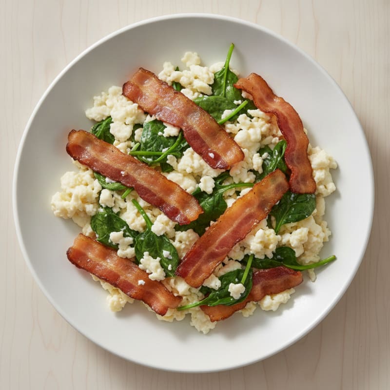 Egg White Spinach Scramble with Grilled Turkey Bacon