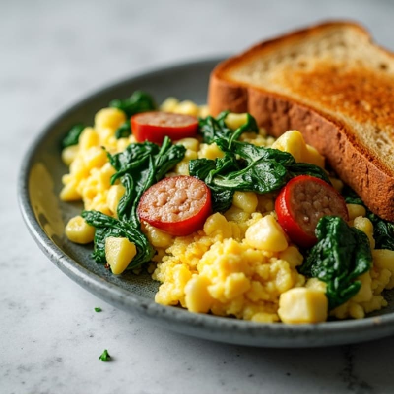 Egg White and Turkey Sausage Scramble with Sautéed Spinach & Toast