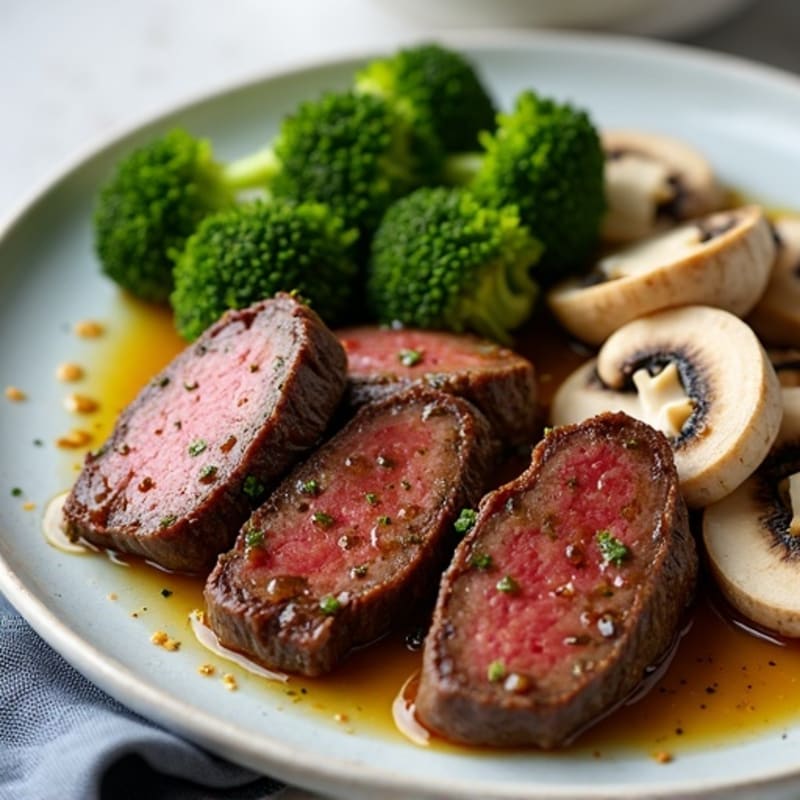 Seared Lean Beef Strips with Roasted Broccoli and Garlic Mushrooms