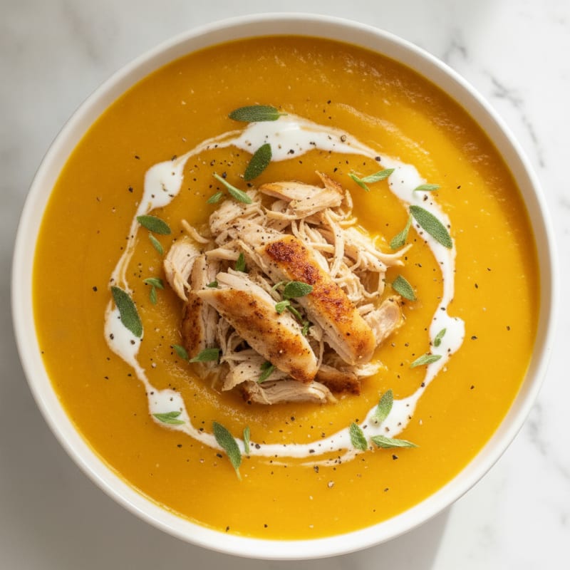 Roasted Butternut Squash Soup with Sage and Shredded Chicken