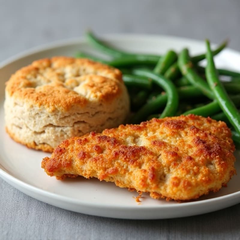 Crispy Baked Chicken with Fluffy Whole Wheat Biscuits and Roasted Green Beans