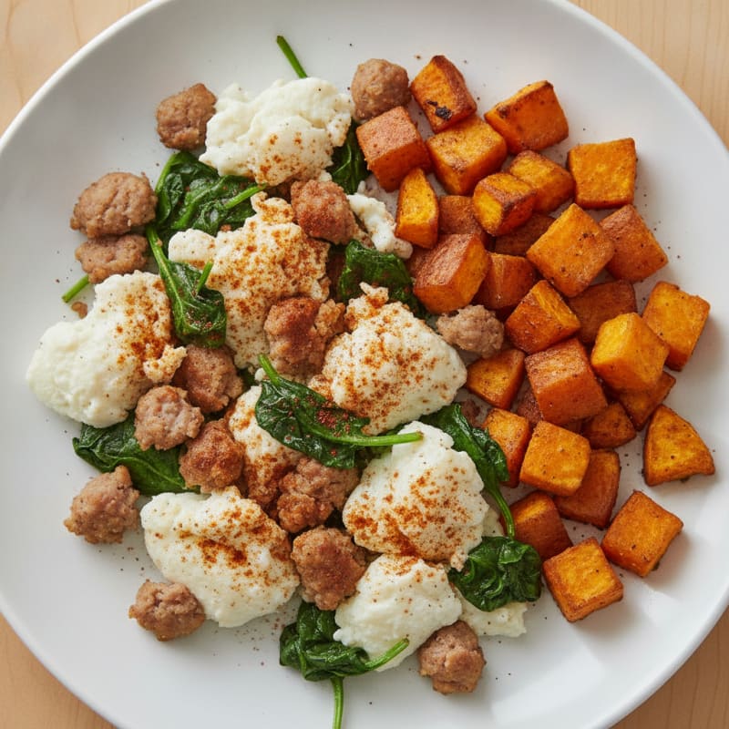 Egg White and Turkey Sausage Scramble with Spinach and Roasted Sweet Potatoes