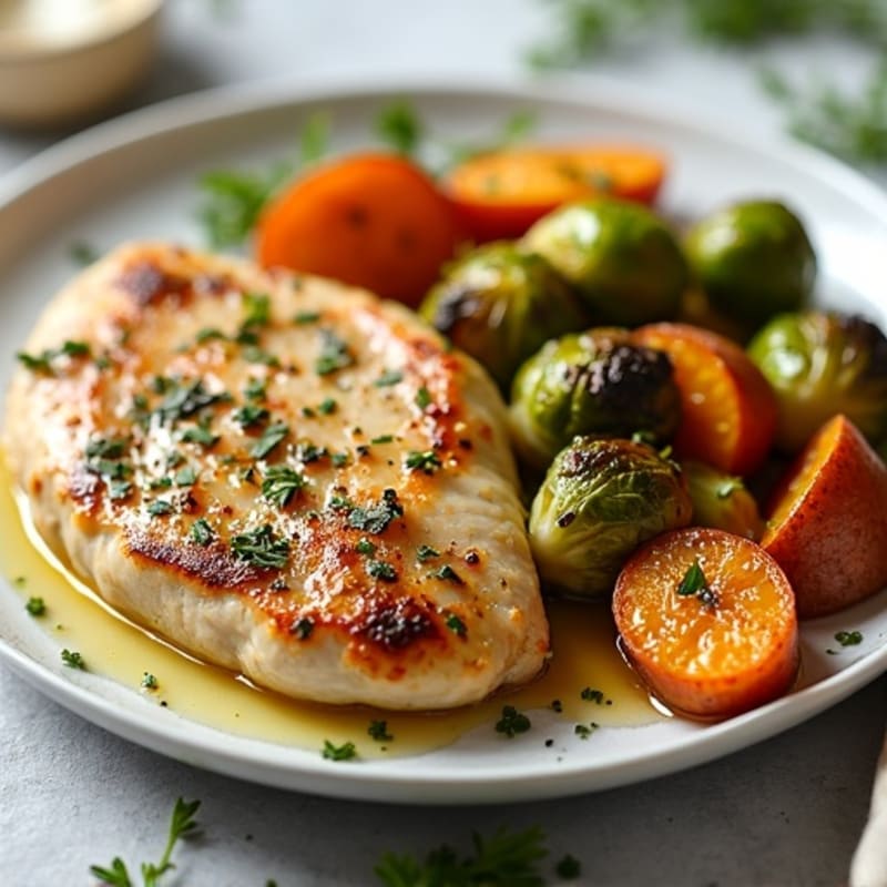 Herb-Roasted Chicken with Crispy Brussels Sprouts and Sweet Potatoes